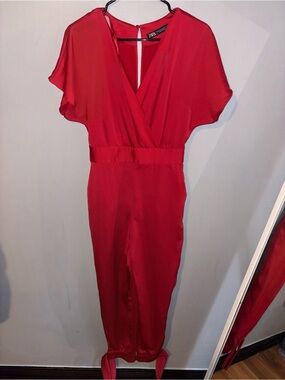 Zara Red One-Shoulder Wrap Jumpsuit